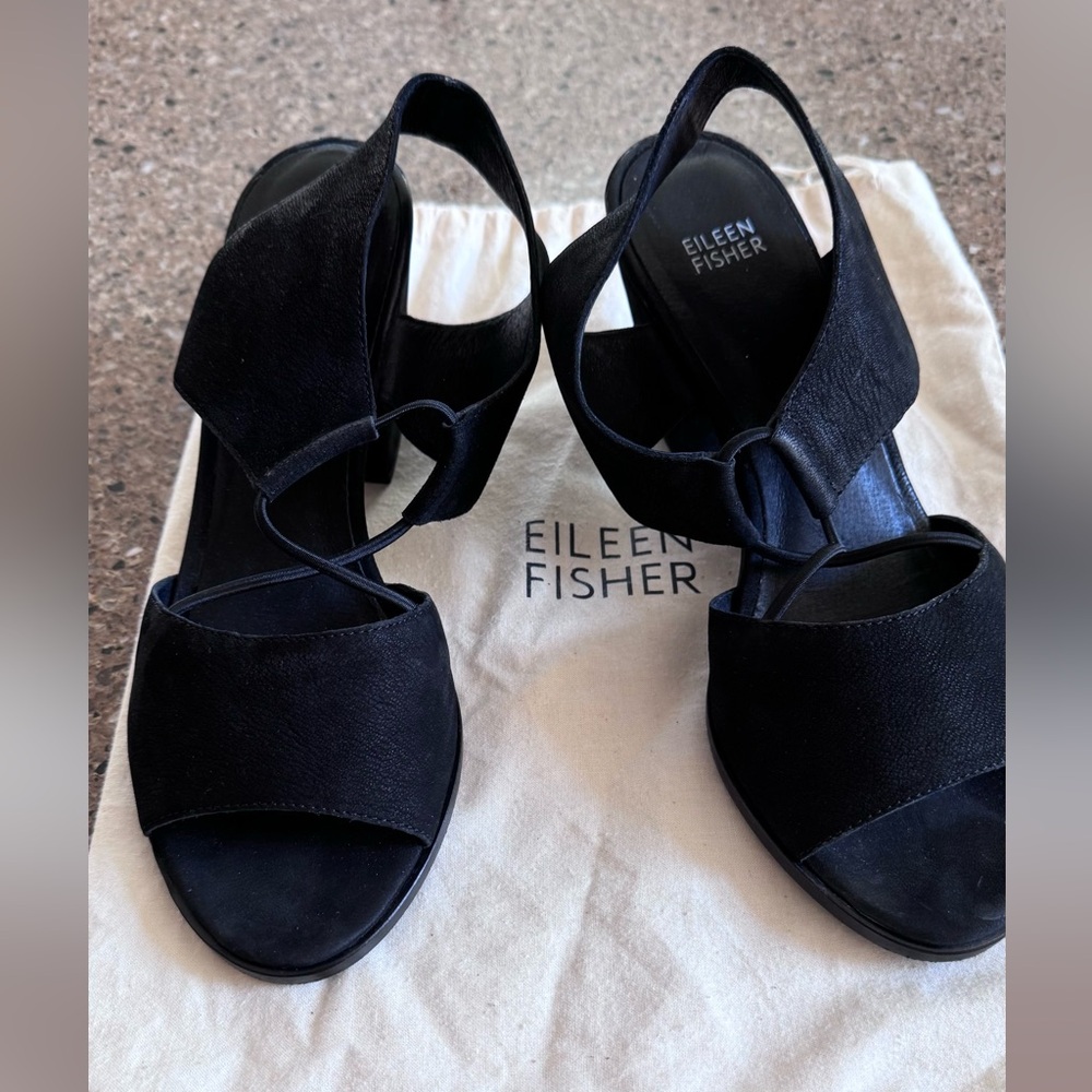 Eileen Fisher Womens DOE Tumbled Nubuck Heeled Sandals Black size 10 - Picture 6 of 11
